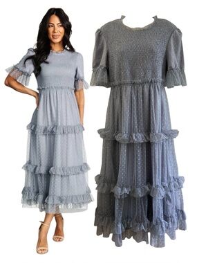 Deauville Swiss Dot Tiered Maxi Dress NWOT Size Large